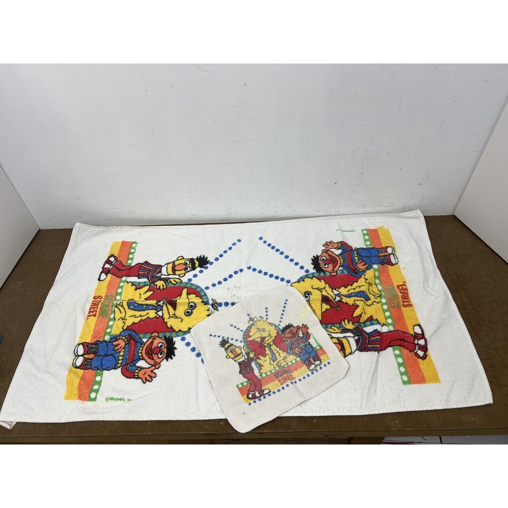 Vintage Cannon Sesame Street Big Bird Ernie Bert Bath Towel & Washcloth Set 100%